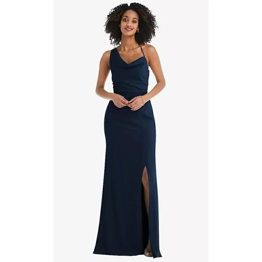 After Six One-shoulder Draped Cowl-neck Maxi Dress‎ In Midnight Navy Size 8